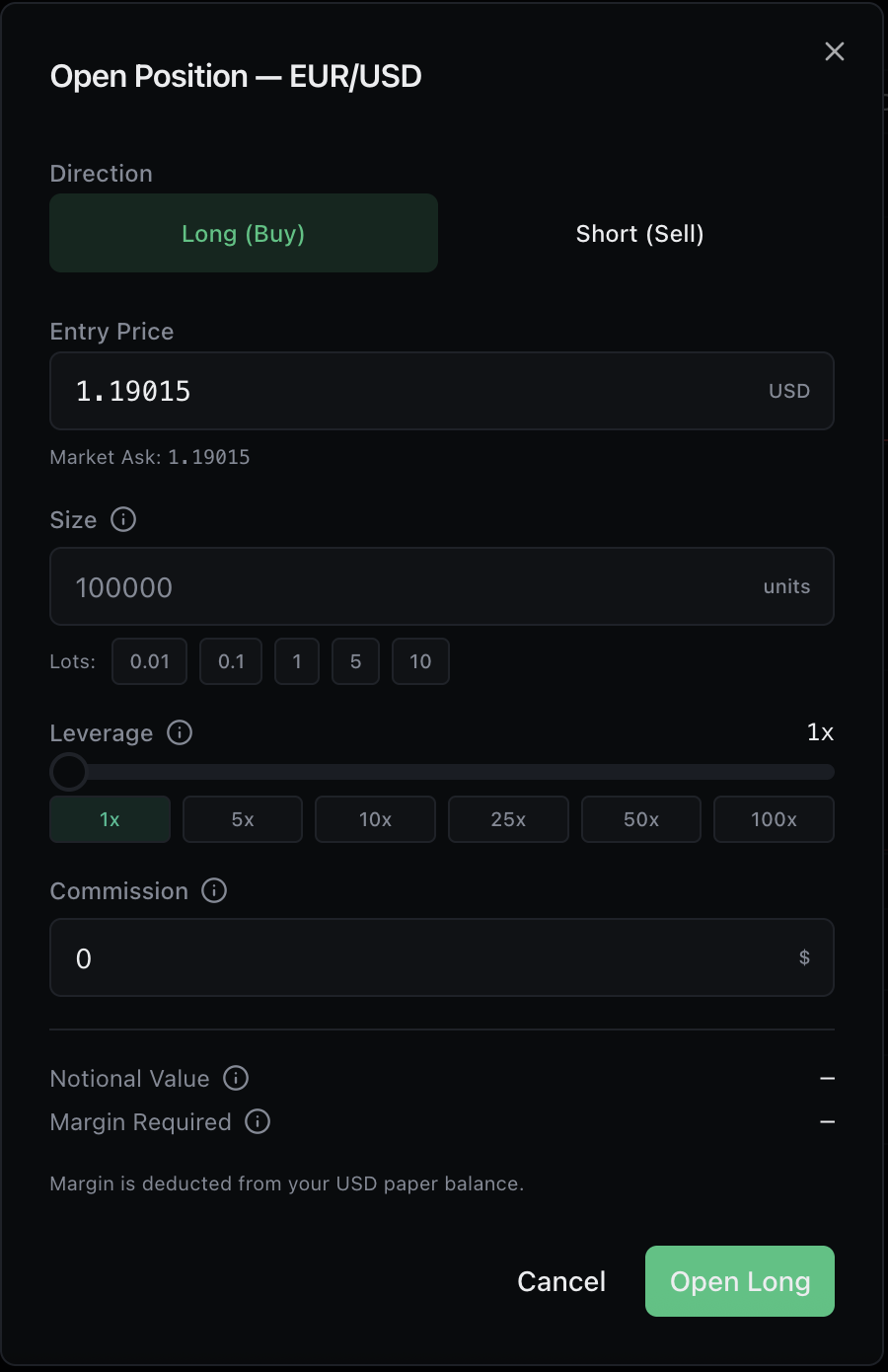 Open Position dialog with entry price, size, and leverage controls